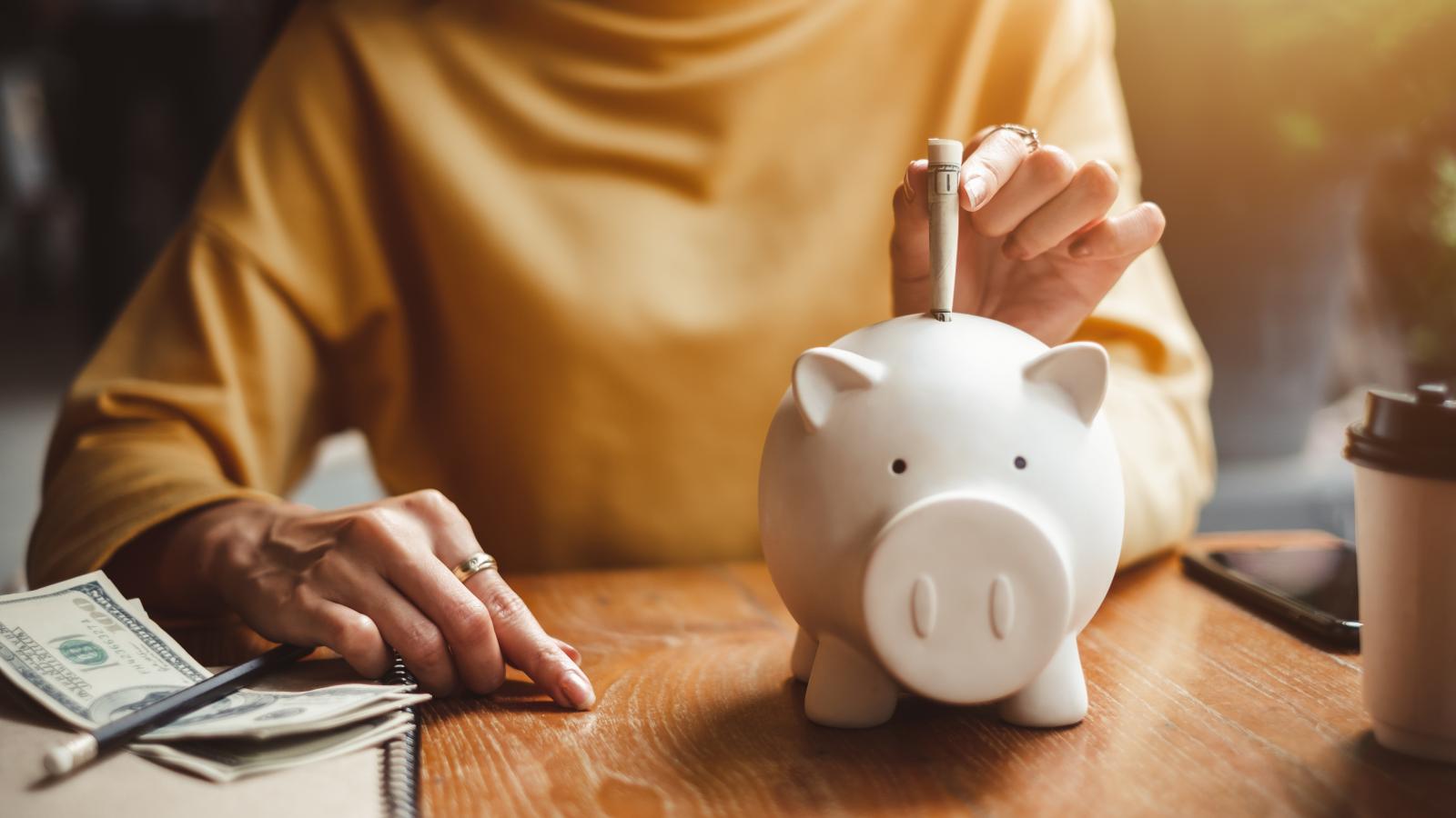 woman hand putting money bank note dollar into piggy for saving money wealth and financial concept